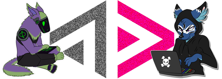 On the left side of the image, a purple and green protogen furry with a black
                    face and green lights sits cross-legged while typing on a wireless keyboard. On the right side of
                    the image, a blue dhole furry in a black sterotypical hacker hoodie smirks menacingly while typing
                    on a laptop with RGB keys and a skull and crossbones sticker. Between the two is the ActivityPub
                    logo, filled with static, signifying that some of their messages are encrypted over ActivityPub.